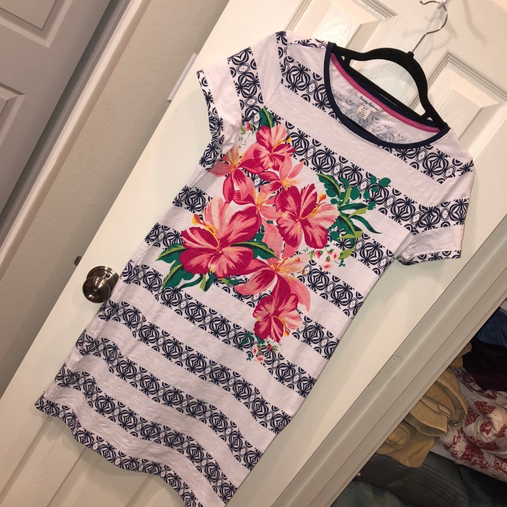 Tommy Bahama T shirt tropical dress Small Cascade Pink Floral White Blue